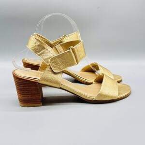 Stuart Weitzman Sandals Womens 8.5 Gold Leather Ankle Strappy Hook & Loop Heels